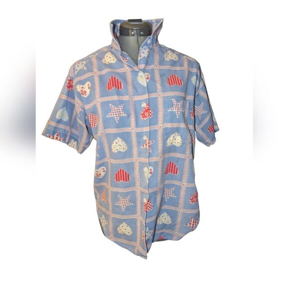 Vintage Victoria Jones blue patchwork heart‎ print shirt - Picture 1 of 8